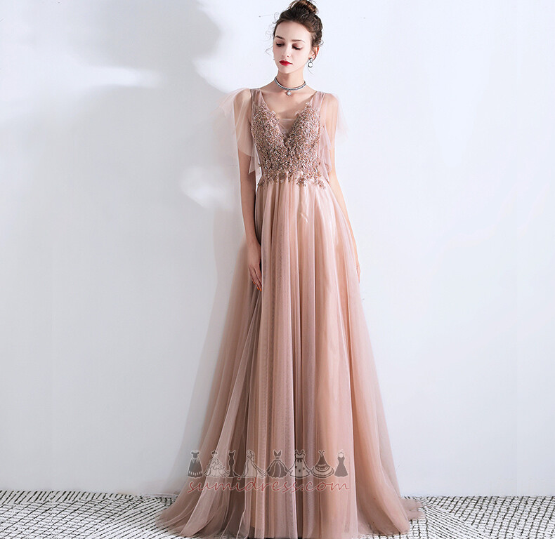 Lace-up Tulle Floor Length V-Neck Lace Overlay A-Line Evening Dress