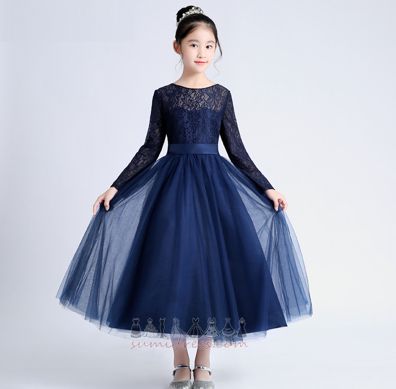 Lace Zipper Up Illusion Sleeves Natural Waist Tea Length Party Flower Girl Dress
