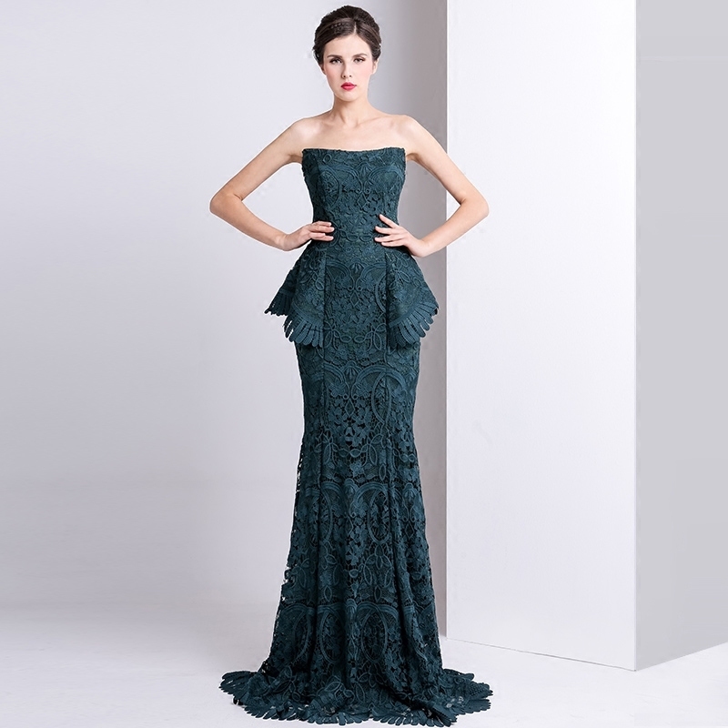 Lace Zipper Up Tight Floor Length Strapless Sweep Train Evening gown