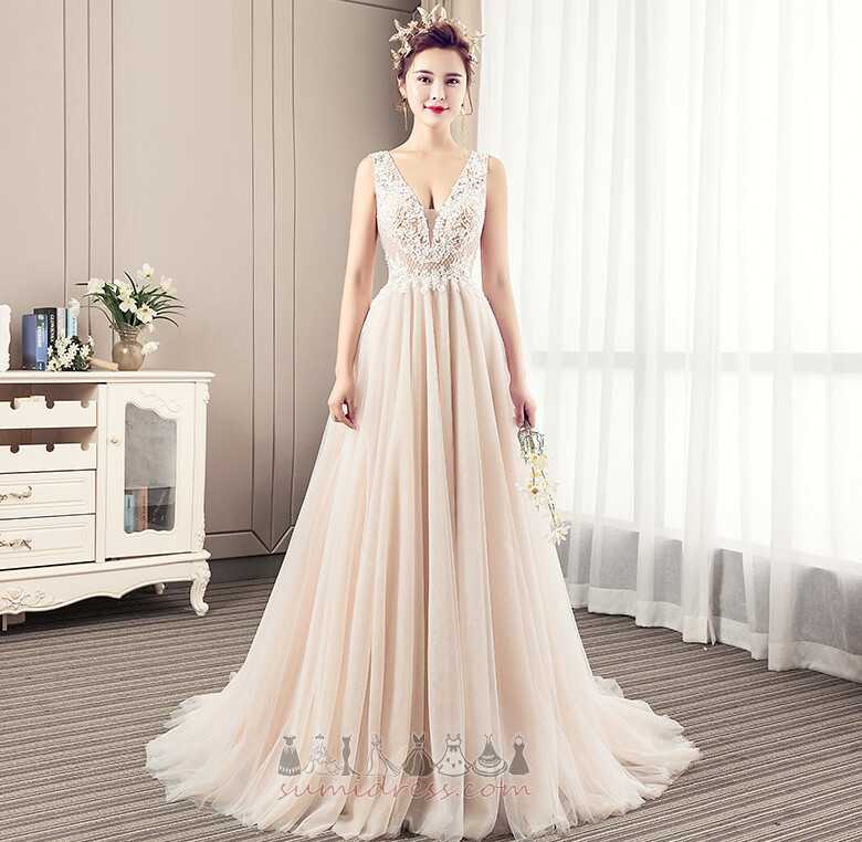 Lång V-ringning Ärmlös Appliqués Tyll Rygglös Bröllopsklänning