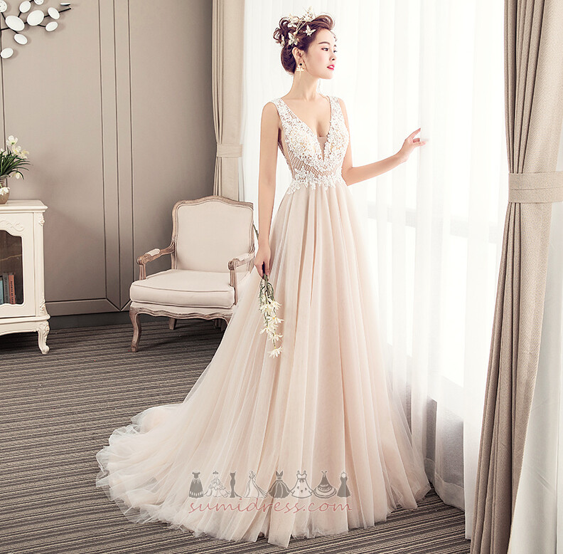 Lång V-ringning Ärmlös Appliqués Tyll Rygglös Bröllopsklänning