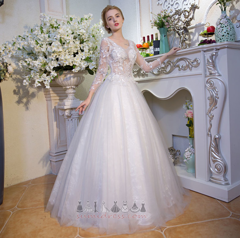 Långa ärmar Elegant V-ringning Natural Midja Kyrka A-linjeformat Bröllopsklänning