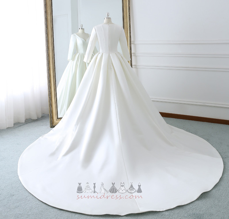 Lange Ärmel Satin Draussen Drapierung Luxus A-Linie Hochzeitskleid