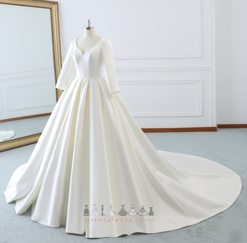 Lange Ärmel Satin Draussen Drapierung Luxus A-Linie Hochzeitskleid