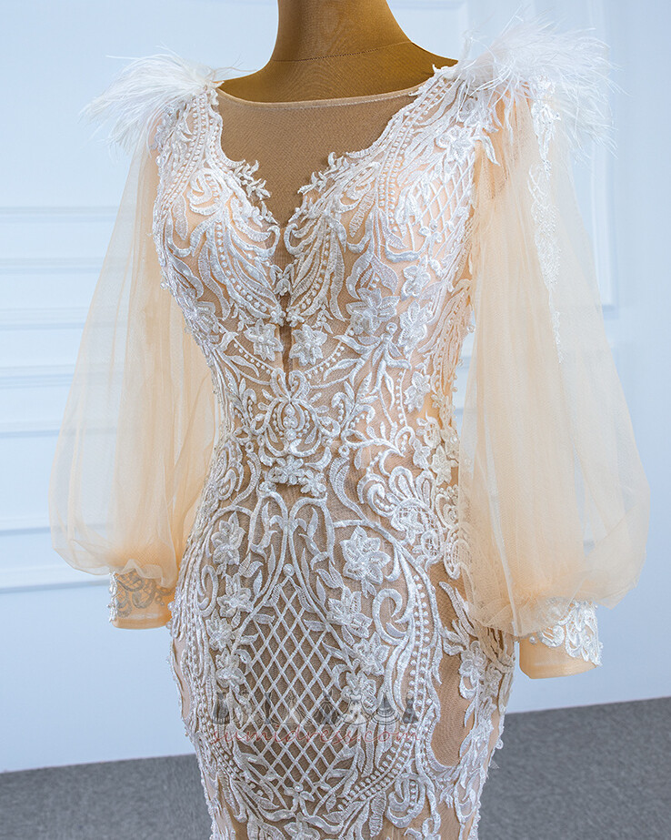 Lantern Long Sleeves Hemline Long Deep v-Neck Lace Mermaid Wedding Dress