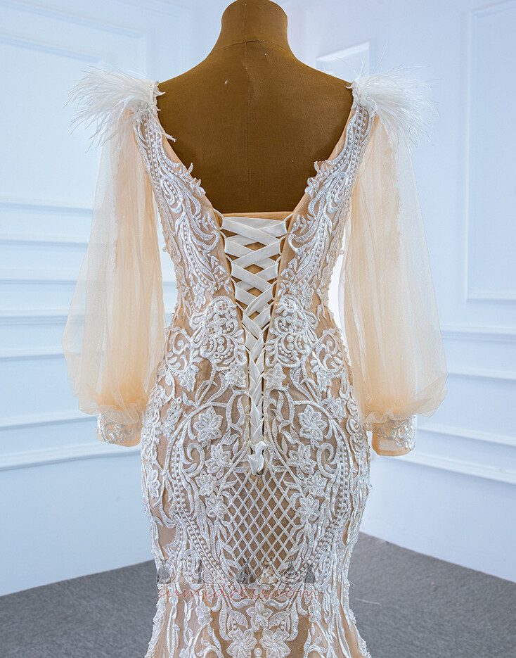 Lantern Long Sleeves Hemline Long Deep v-Neck Lace Mermaid Wedding Dress