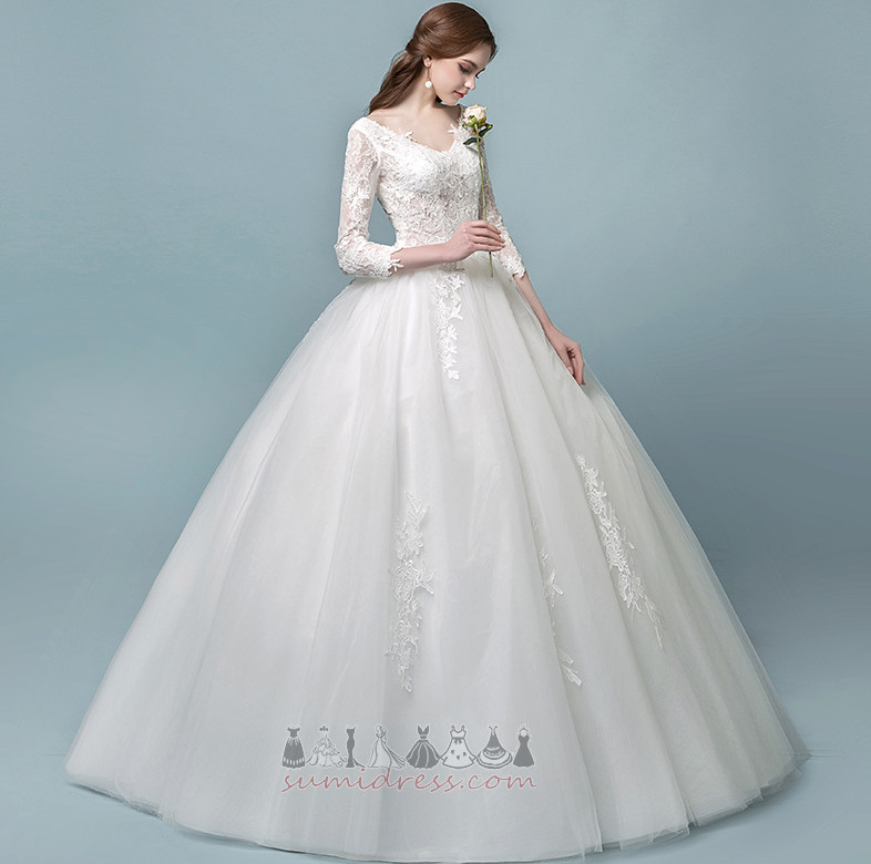 Lattia pituus Pitsi päällekkäin 3/4 Hihat Nauhakenkä A-Muotoinen Pitsi Hääpuku