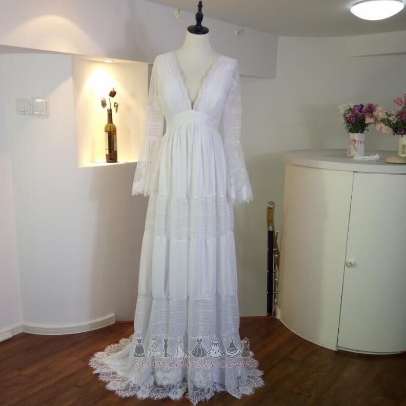 Lauko Vidutinis Giliai v-Neck Ilgomis rankovėmis Nėriniai Valyti geležinkelio Vestuvinė suknelė