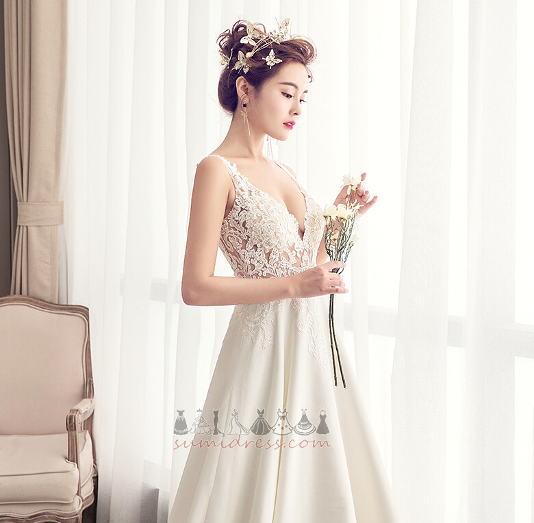 лінія атлас Довго безрукавний на відкритому повітрі V-подібним вирізом Весільна сукня
