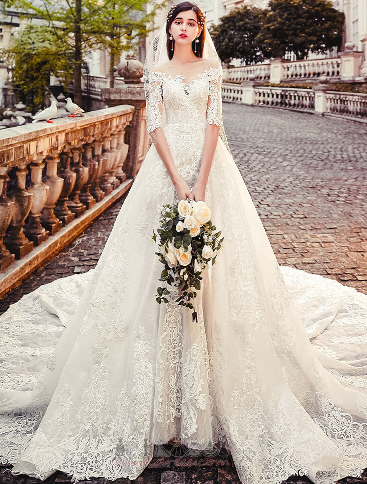 лінія Довго Бато Три чверті рукава природні Талія драпіровані Весільна сукня