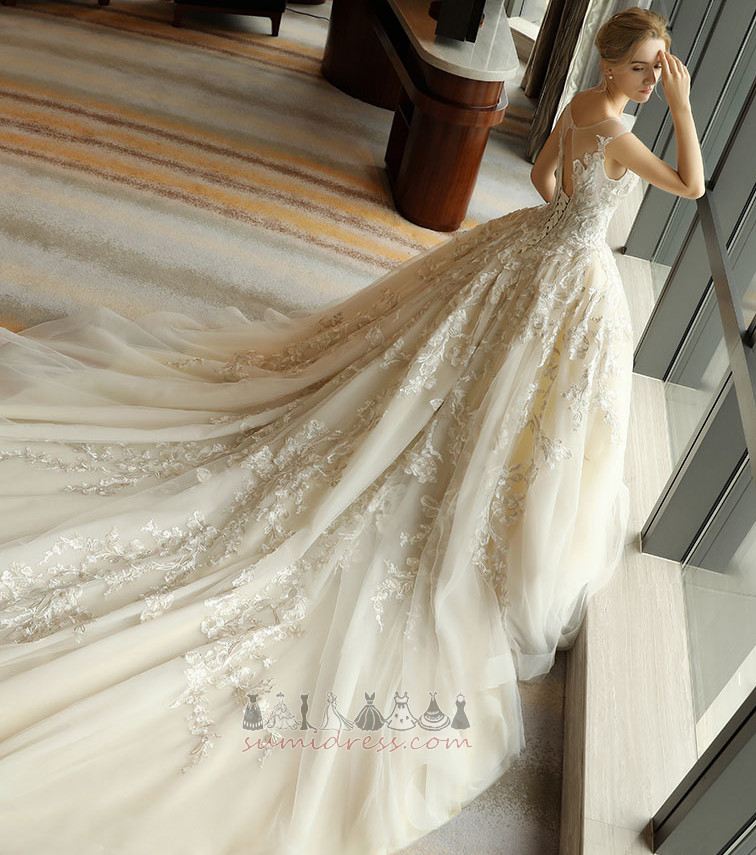 Long Applique Binding Lace Overlay Lace A-Line Wedding Dress