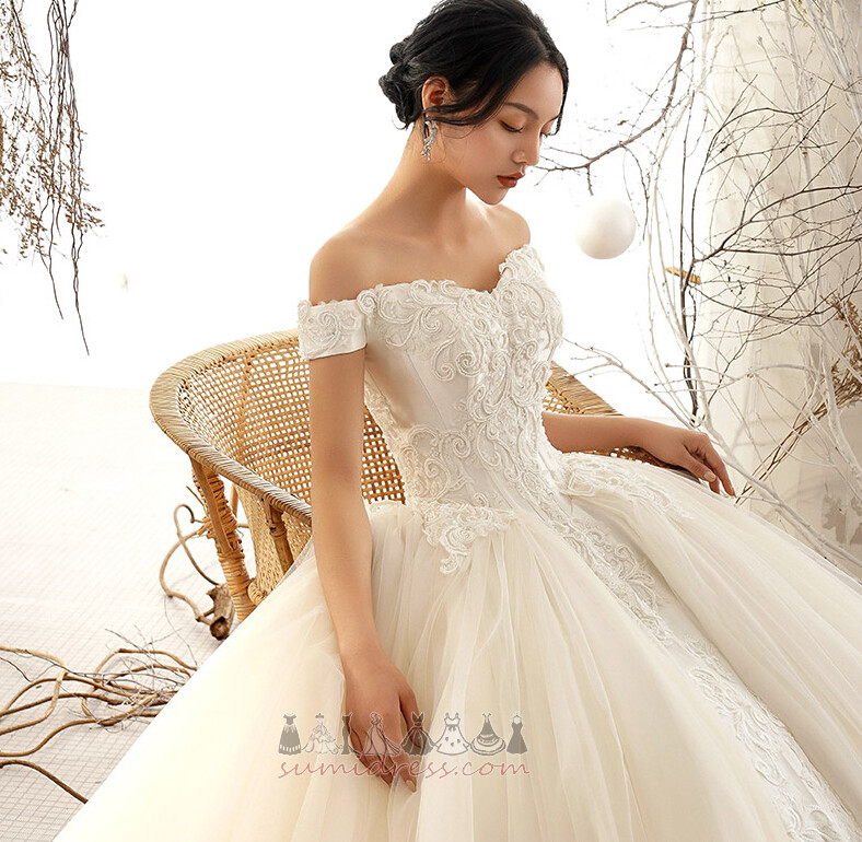 Long Applique Court Train Sleeveless Off Shoulder Lace Wedding Dress