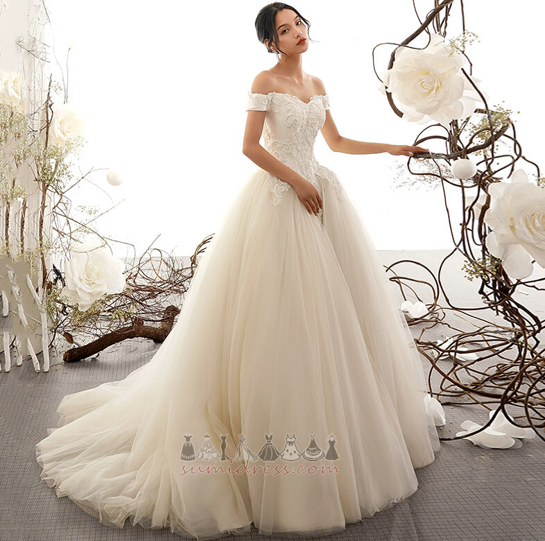 Long Applique Court Train Sleeveless Off Shoulder Lace Wedding Dress