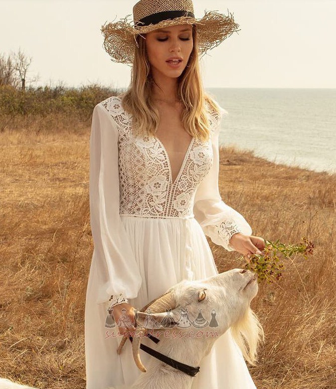 Long Chic V-Neck Sweep Train Spring Lace Wedding Dress