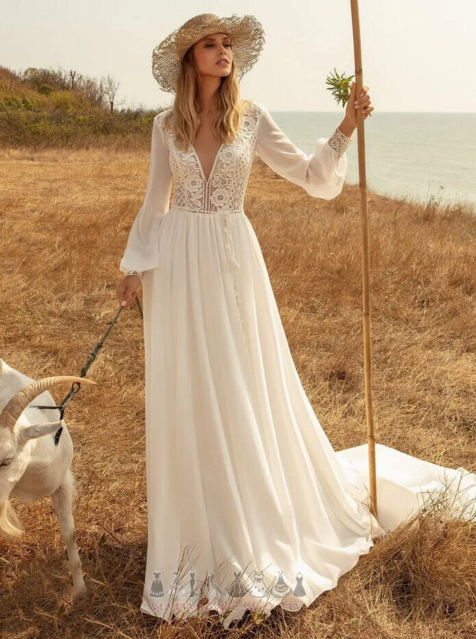 Long Chic V-Neck Sweep Train Spring Lace Wedding Dress