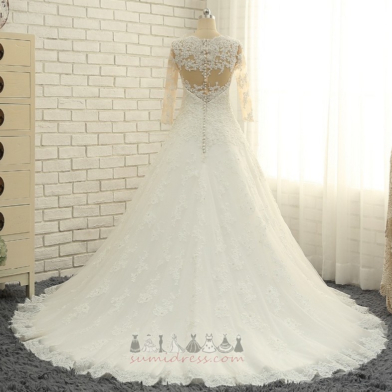 Long Court Train A-Line Formal Jewel Bodice Lace Wedding Dress
