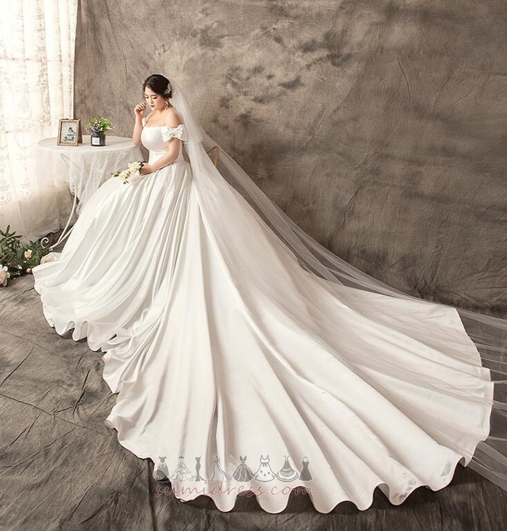 Long Fall Short Sleeves Lace-up Rectangle Court Train Wedding Dress