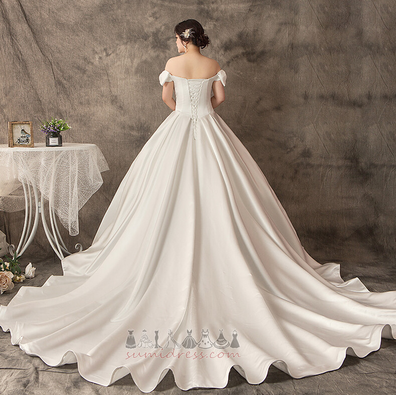 Long Fall Short Sleeves Lace-up Rectangle Court Train Wedding Dress