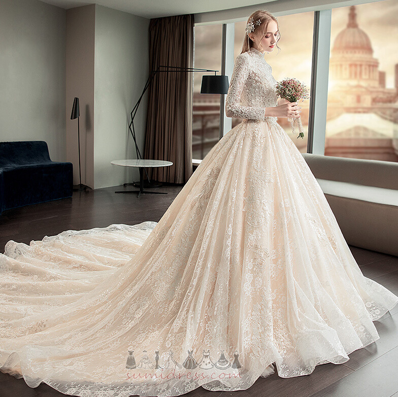 Long Formal Long Sleeves Applique Lace Overlay Inverted Triangle Wedding Dress