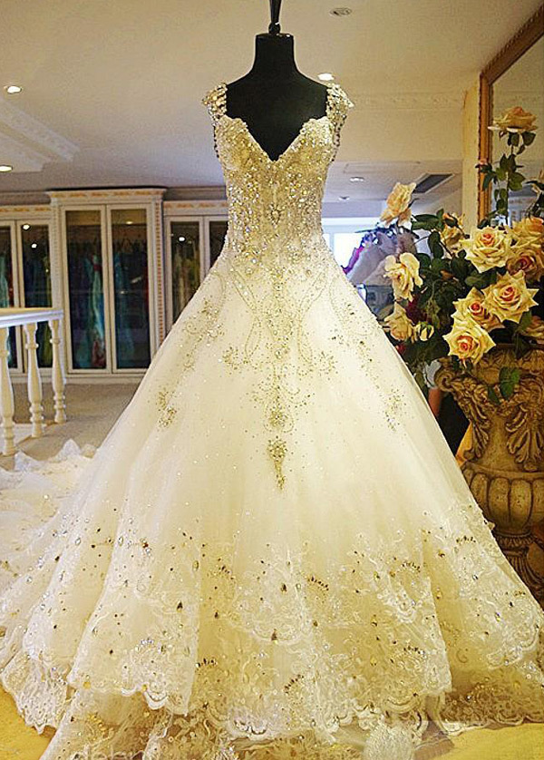 Long Formal Natural Waist High Covered Cathedral Train Church Wedding gown