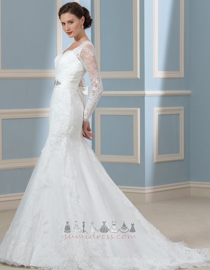 Long Keyhole Back Illusion Sleeves Ruffle Queen Anne Thin Wedding Dress