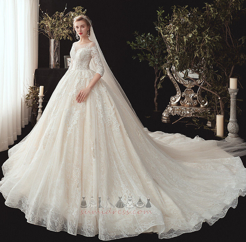 Long Lace-up Bateau Winter Natural Waist A-Line Wedding Dress