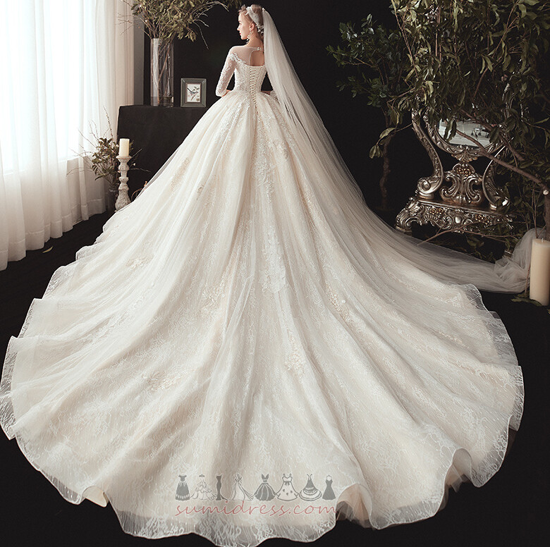 Long Lace-up Bateau Winter Natural Waist A-Line Wedding Dress