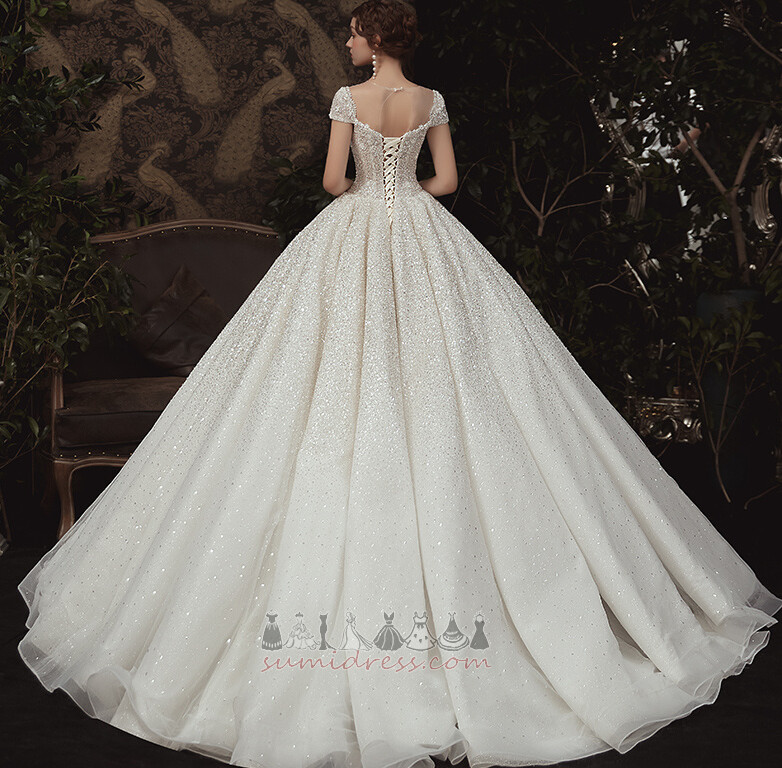 Long Natural Waist Royal Train Backless Short Sleeves Organza Wedding Dress