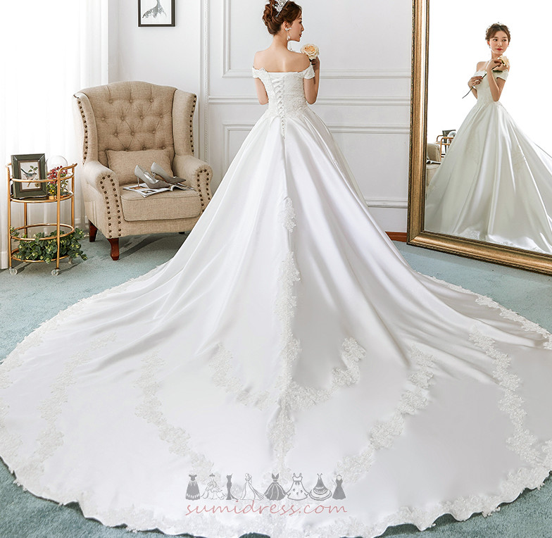 Long Off Shoulder Lace Short Sleeves A-Line Lace Wedding Dress