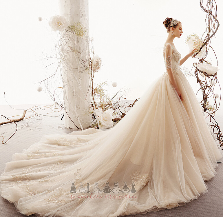 Long Outdoor A-Line 3/4 Length Sleeves Off Shoulder Multi Layer Wedding Dress