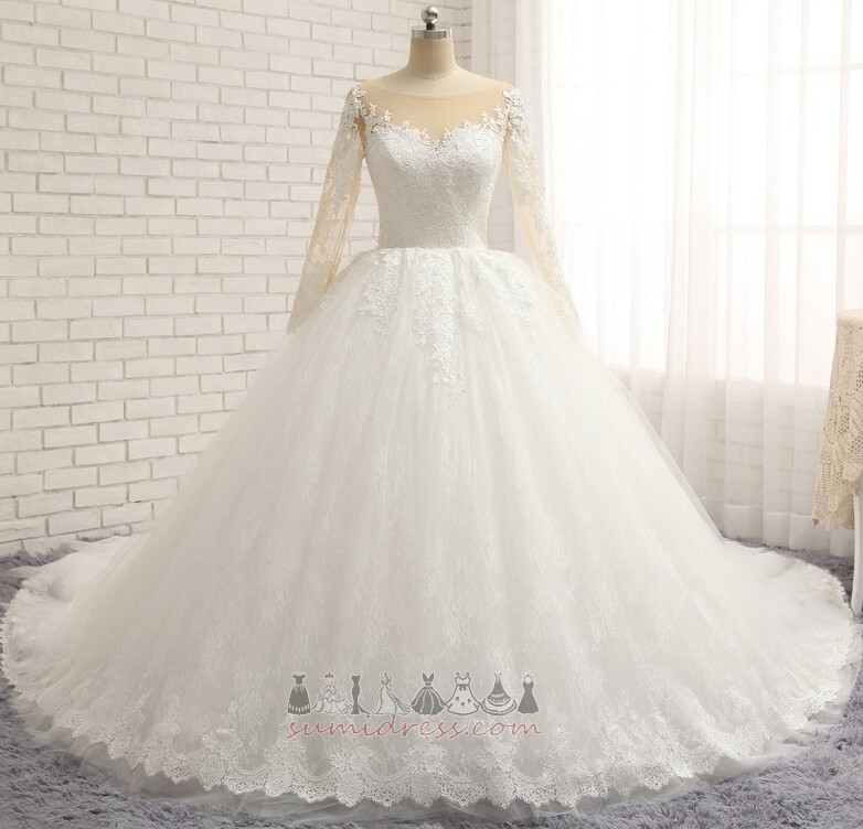 Long Sheer Back Natural Waist Illusion Sleeves Applique Cathedral Train Wedding gown