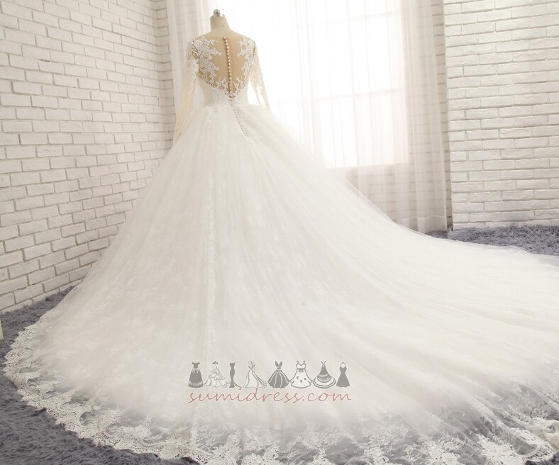 Long Sheer Back Natural Waist Illusion Sleeves Applique Cathedral Train Wedding gown