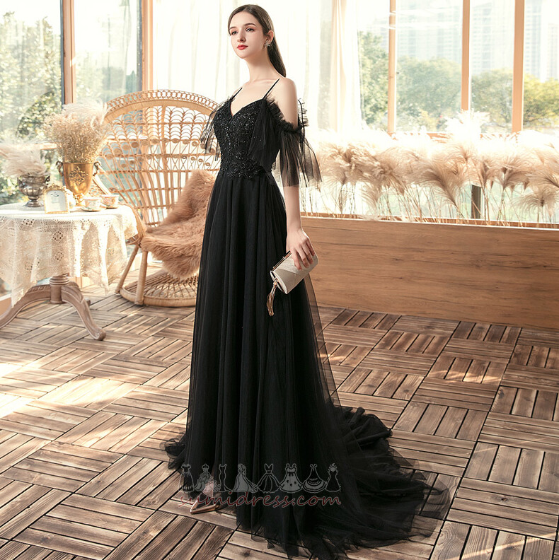 Long Short Sleeves Elegant Lace-up Sweep Train A-Line Evening Dress