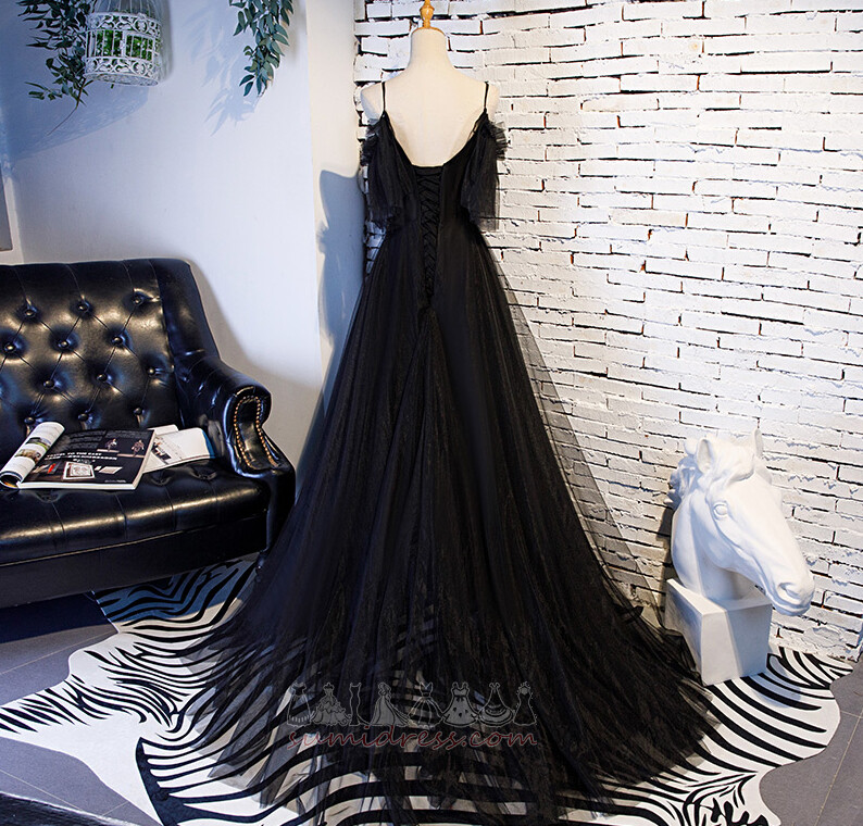 Long Short Sleeves Elegant Lace-up Sweep Train A-Line Evening Dress