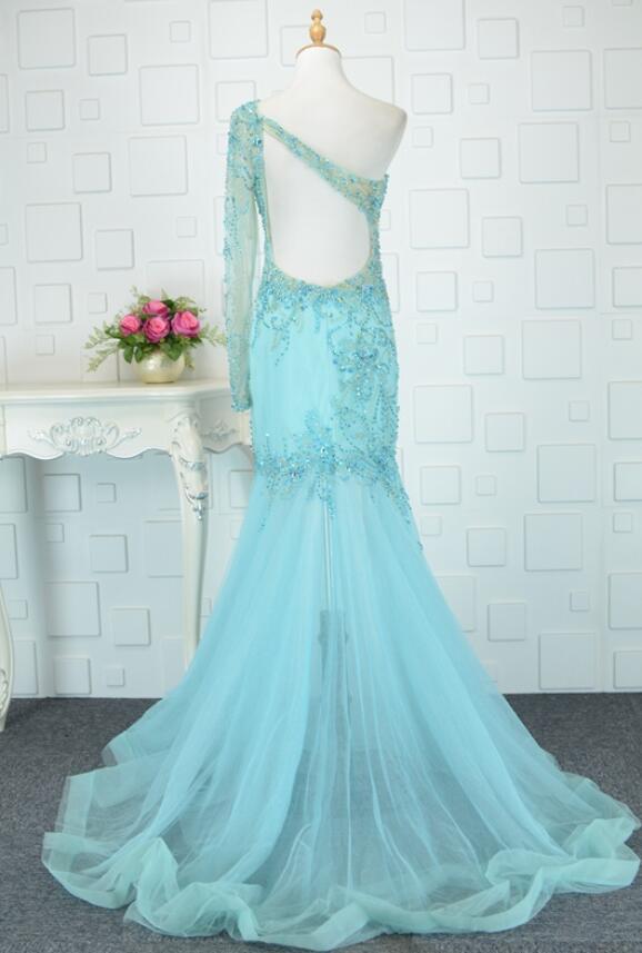 Long Sleeves Applique Mermaid Asymmetrical Mid Back Floor Length Prom Dress