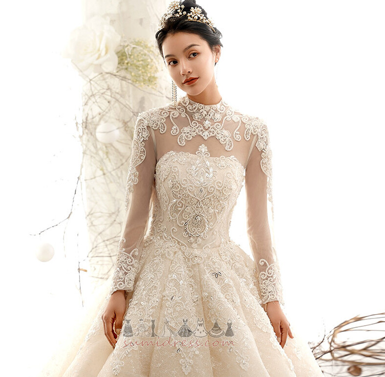 Long Sleeves Chapel Train Winter Illusion Sleeves A-Line Luxurious Wedding Dress