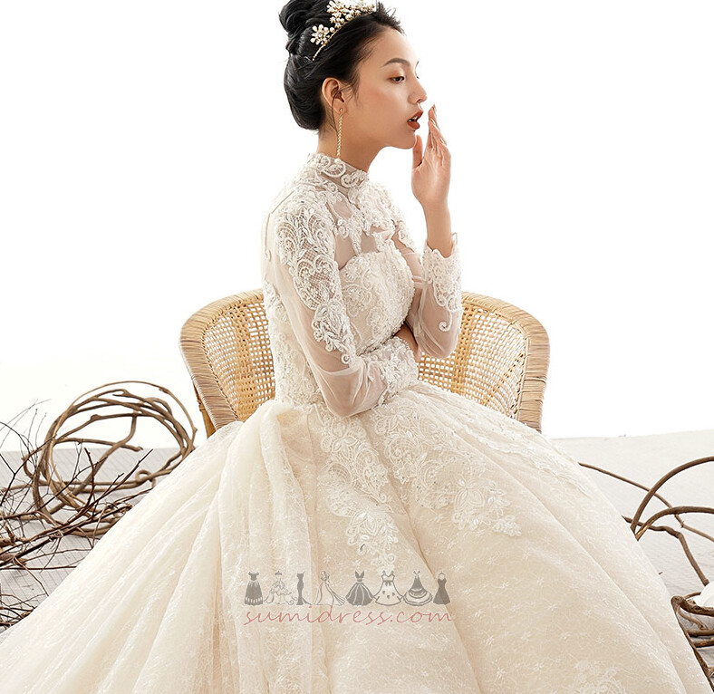 Long Sleeves Chapel Train Winter Illusion Sleeves A-Line Luxurious Wedding Dress