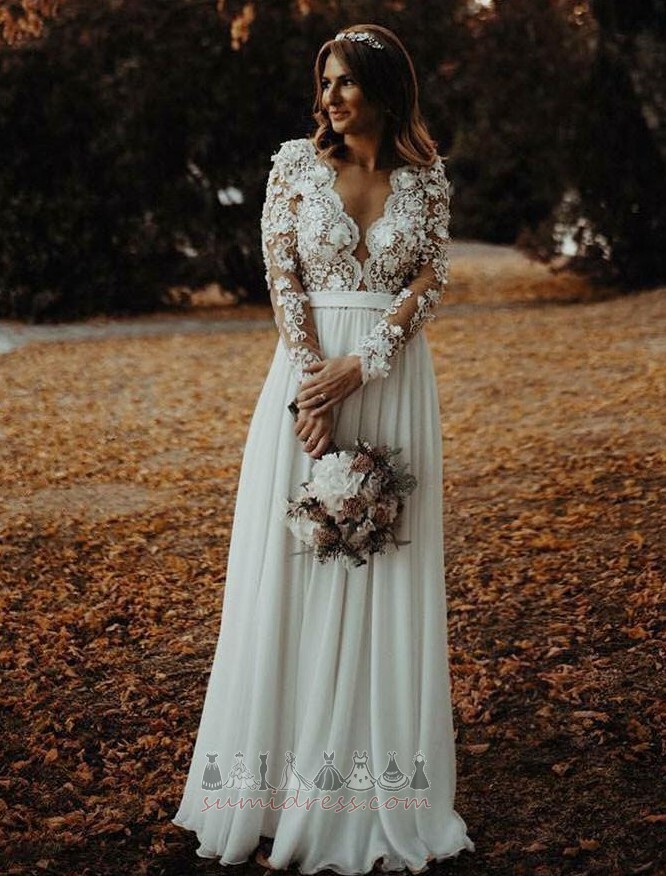 Long Sleeves Elegant Draped Natural Waist V-Neck Beach Wedding Dress