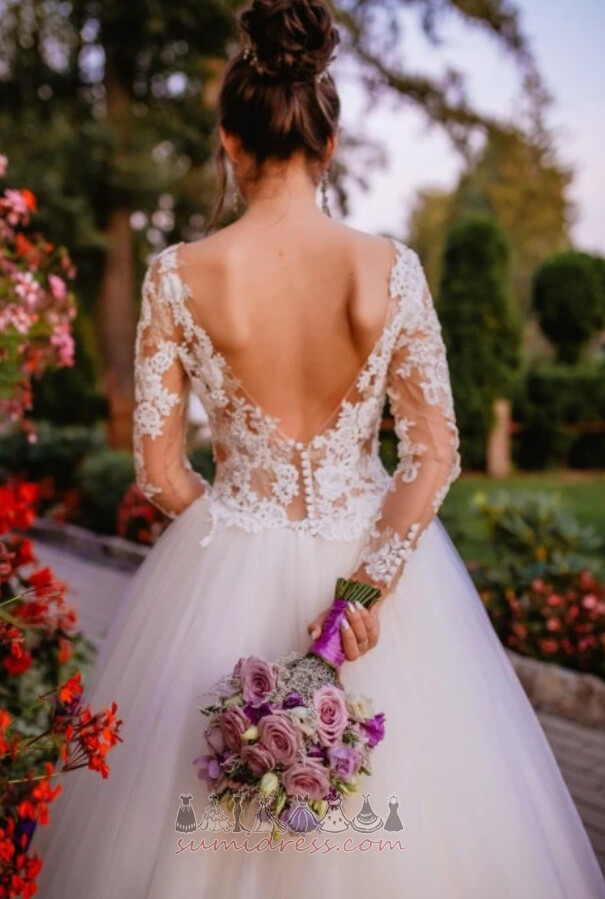 Long Sleeves Hemline Long Backless Lace Hall Jewel Wedding Dress