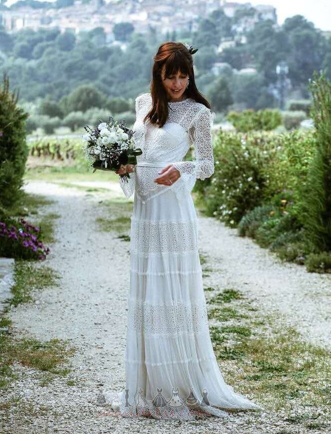 Long Sleeves Illusion Sleeves Zipper Up Lace Floor Length Draped Wedding Dress