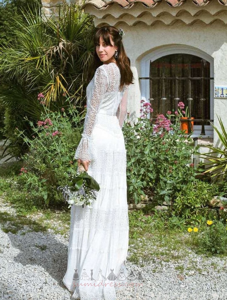 Long Sleeves Illusion Sleeves Zipper Up Lace Floor Length Draped Wedding Dress