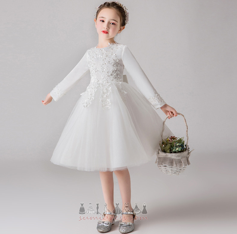 Long Sleeves Jewel Lace Overlay Natural Waist A-Line Knee Length Flower Girl Dress