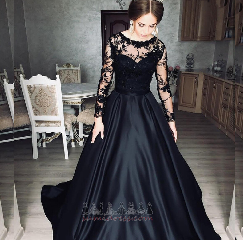Long Sleeves Jewel Natural Waist Illusion Sleeves Satin banquet Prom Dress