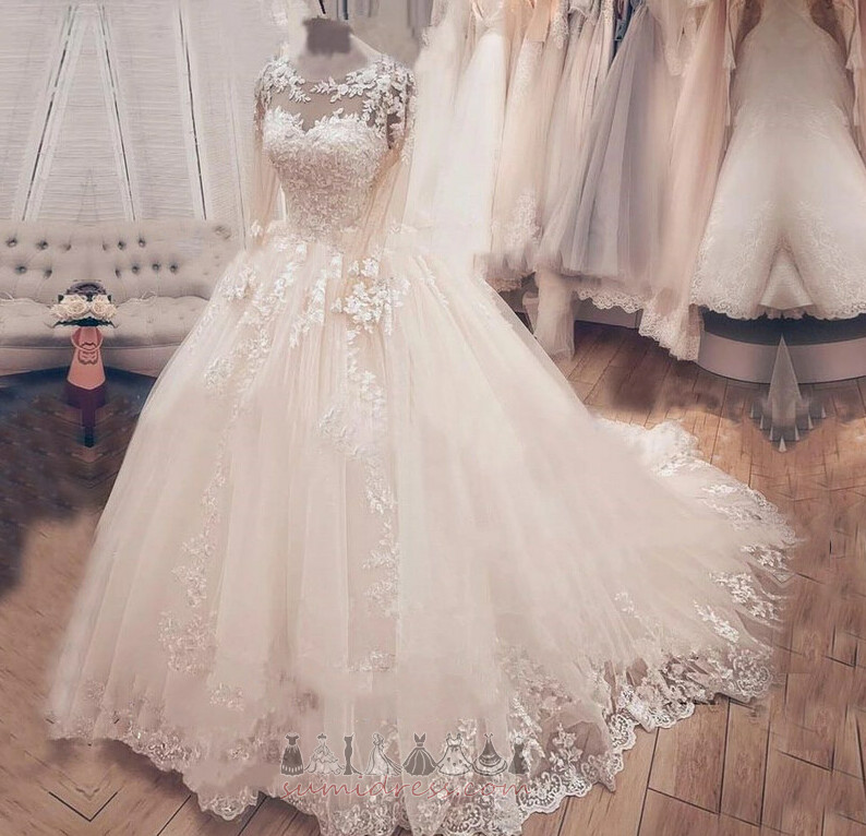 Long Sleeves Jewel Natural Waist Illusion Sleeves Voile Long Wedding Dress