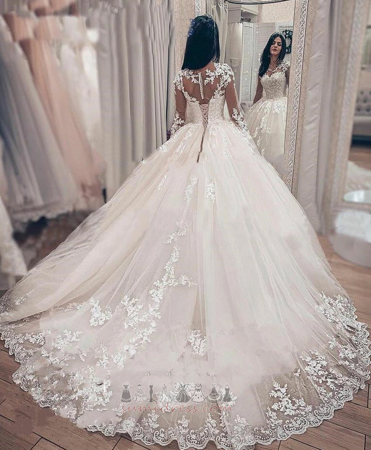 Long Sleeves Jewel Natural Waist Illusion Sleeves Voile Long Wedding Dress
