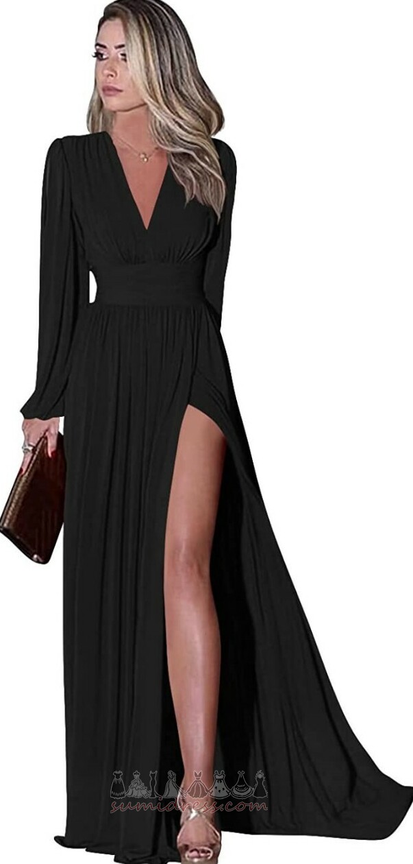 Long Sleeves Thigh-High Slit Chiffon V-Neck Lantern Natural Waist Evening Dress