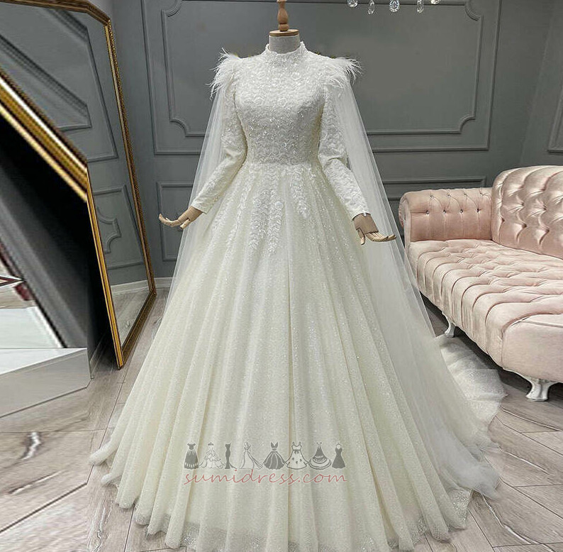 Long Sleeves Tulle Sweep Train Formal Inverted Triangle High Neck Wedding Dress