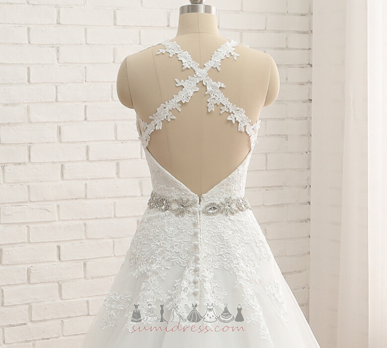 Long Voile Lace Overlay Elegant Natural Waist Backless Wedding Dress