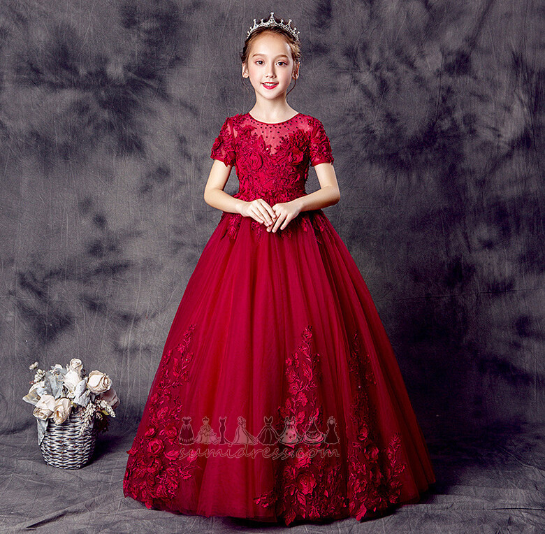 Marškinėliai Gėlės Grindų ilgis Nėriniai perdangos Trumpomis rankovėmis Maža mergaitė suknelė