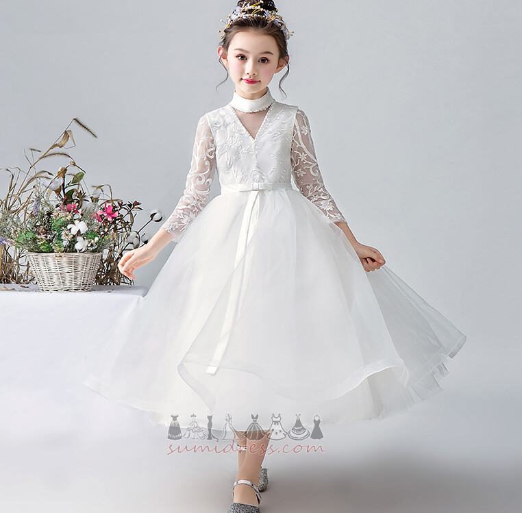 Medium 3/4 Length Sleeves Natural Waist Elegant Bowknot Tea Length Communion Dress